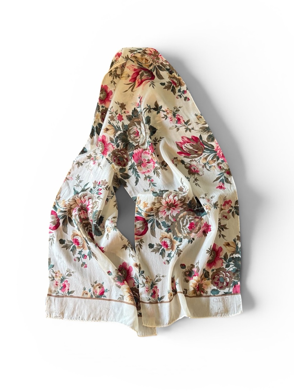 Echo Club 7 Floral 100% Silk Scarf in Cream, Teal, Pink